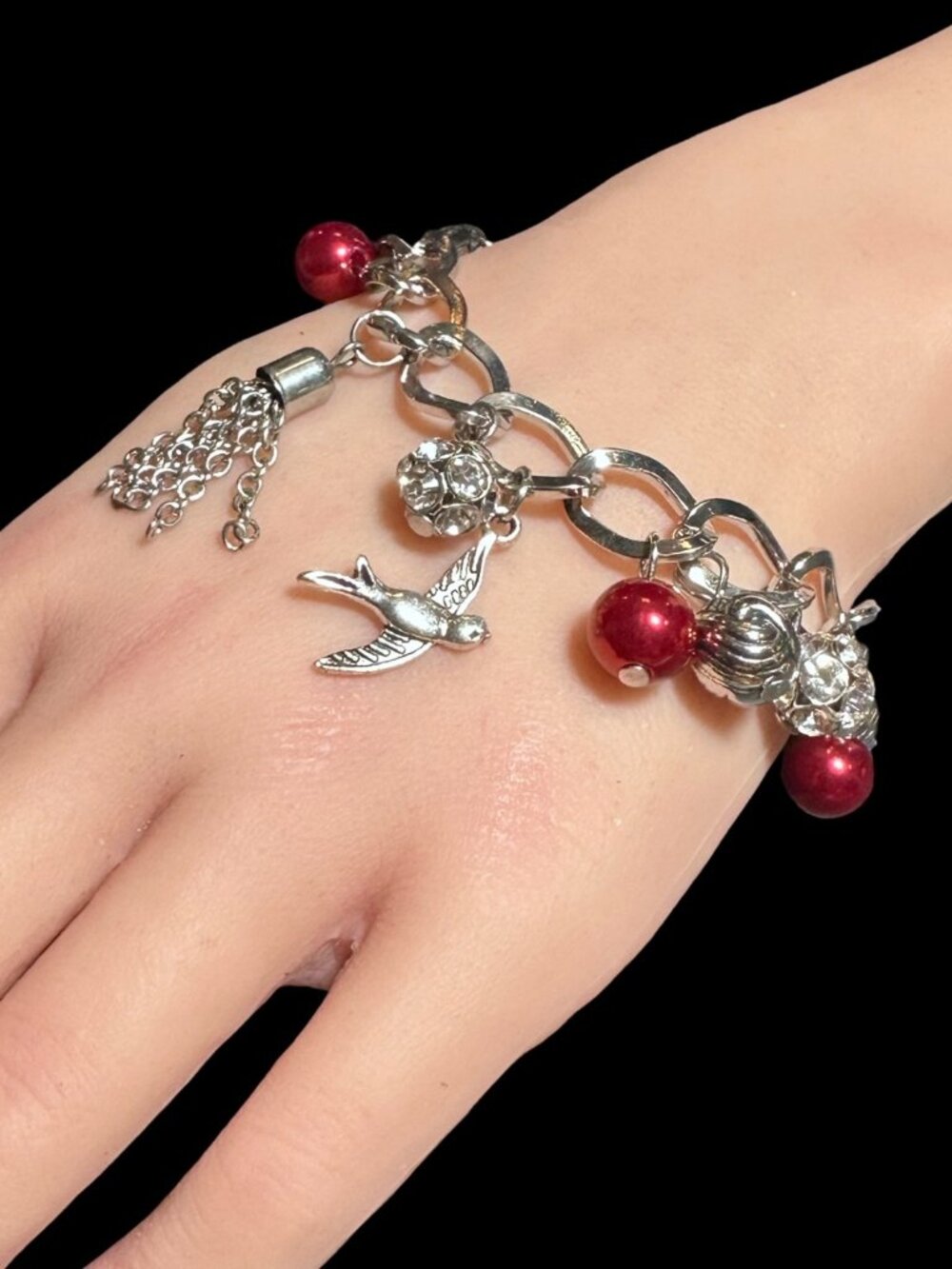 Charm Bracelet Silver Tone Chain Beaded Tassel Bird Womens Jewelry Adjustable